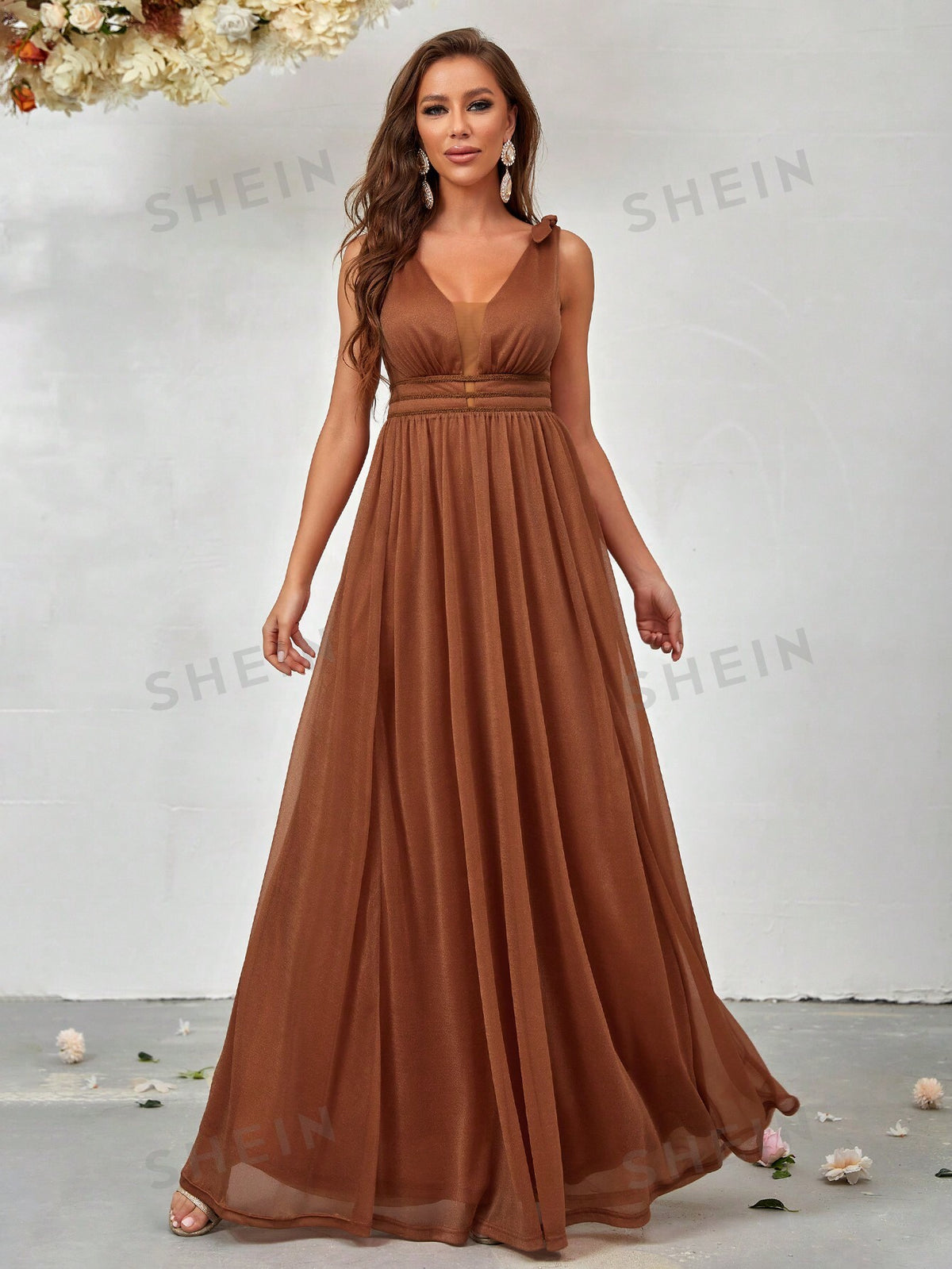 Tie Shoulder Mesh Bridesmaid Dress