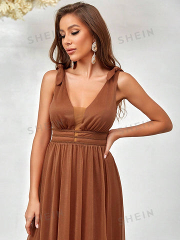Tie Shoulder Mesh Bridesmaid Dress