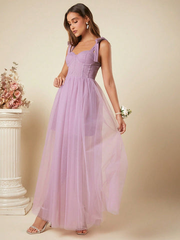 Belle Tie Shoulder Mesh Overlay Bridesmaid Dress