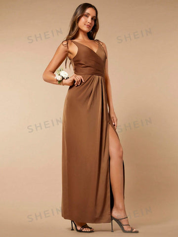 Tie Shoulder Wrap Hem Bridesmaid Dress