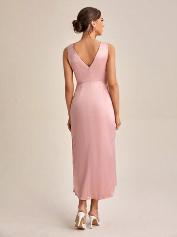 Twist Front Asymmetrical Hem Satin Bridesmaid Dress