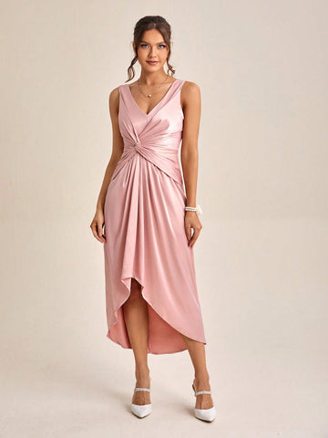 Twist Front Asymmetrical Hem Satin Bridesmaid Dress