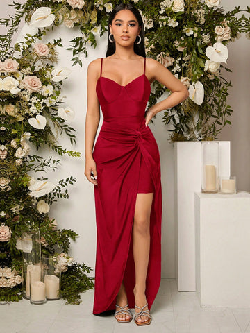 Twist Front Split Thigh Cami Bridesmaid Dress