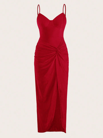 Twist Front Split Thigh Cami Bridesmaid Dress