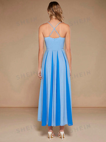 Two Tone Draped Collar Bridesmaid Dress