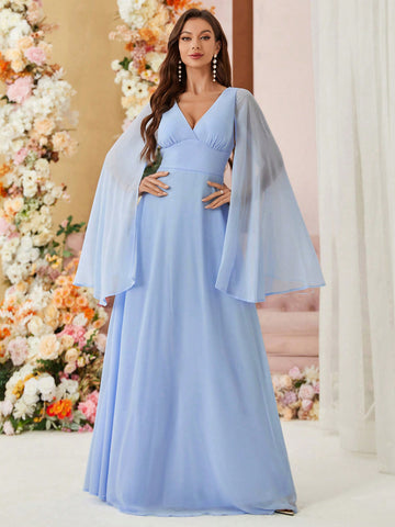 V-Neck Asymmetric Sleeve & Hem Chiffon Bridesmaid Dress