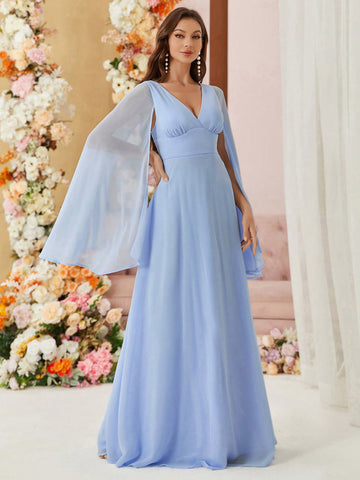 V-Neck Asymmetric Sleeve & Hem Chiffon Bridesmaid Dress