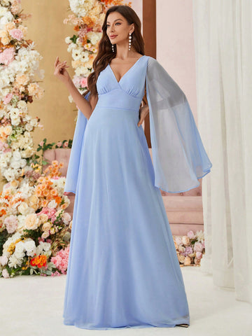 V-Neck Asymmetric Sleeve & Hem Chiffon Bridesmaid Dress