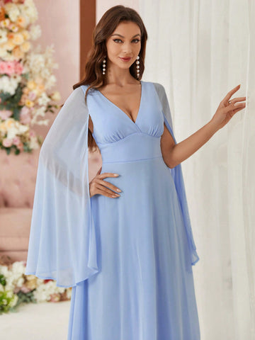 V-Neck Asymmetric Sleeve & Hem Chiffon Bridesmaid Dress