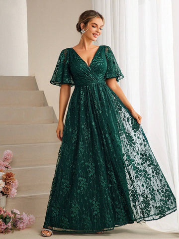 V-Neck Embroidered Flower A-Line Bridesmaid Dress