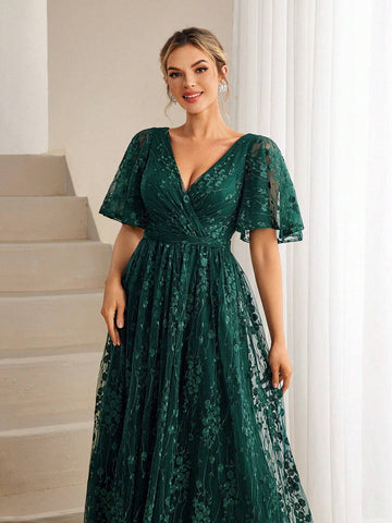 V-Neck Embroidered Flower A-Line Bridesmaid Dress