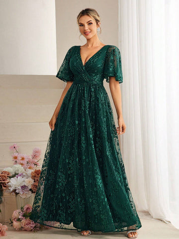 V-Neck Embroidered Flower A-Line Bridesmaid Dress