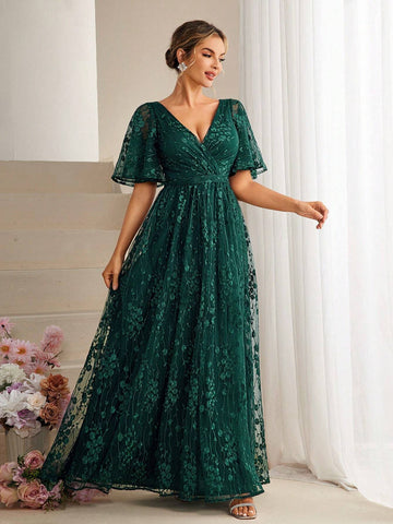 V-Neck Embroidered Flower A-Line Bridesmaid Dress