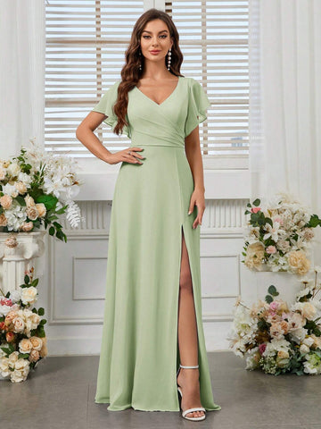 Adult V-Neck Chiffon Bridesmaid Dress With High Slit