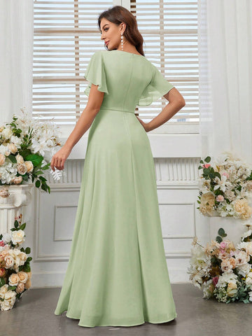 Adult V-Neck Chiffon Bridesmaid Dress With High Slit