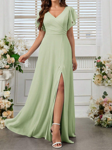 Adult V-Neck Chiffon Bridesmaid Dress With High Slit