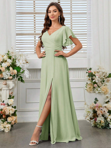 Adult V-Neck Chiffon Bridesmaid Dress With High Slit