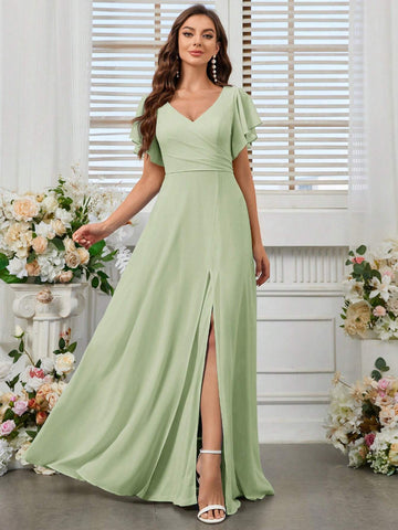 Adult V-Neck Chiffon Bridesmaid Dress With High Slit