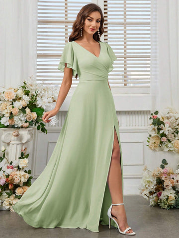 Adult V-Neck Chiffon Bridesmaid Dress With High Slit