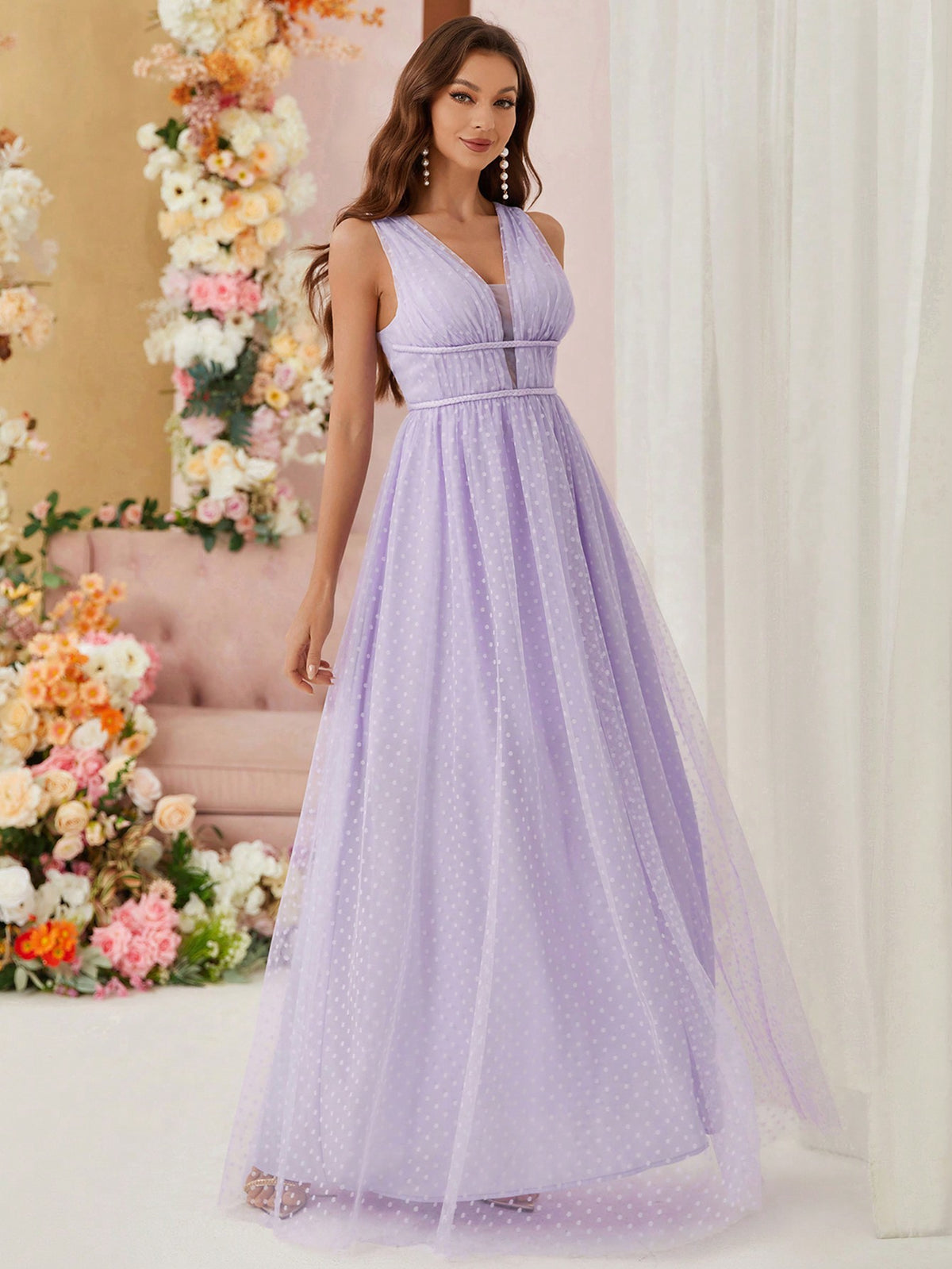 V-Neck Jacquard Mesh Bridesmaid Dress
