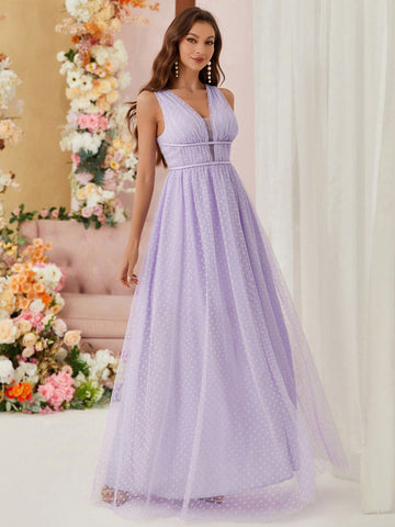 V-Neck Jacquard Mesh Bridesmaid Dress