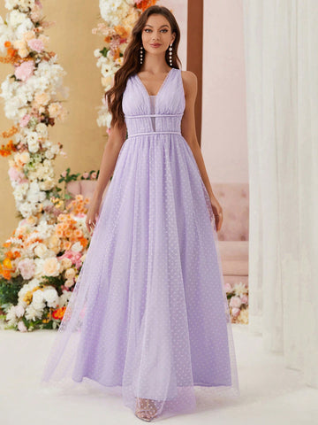 V-Neck Jacquard Mesh Bridesmaid Dress