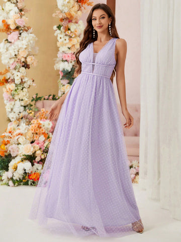 V-Neck Jacquard Mesh Bridesmaid Dress