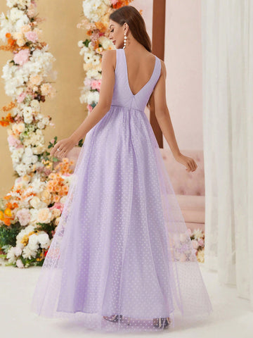 V-Neck Jacquard Mesh Bridesmaid Dress