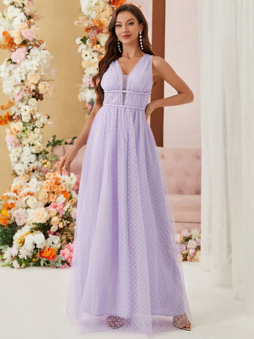 V-Neck Jacquard Mesh Bridesmaid Dress