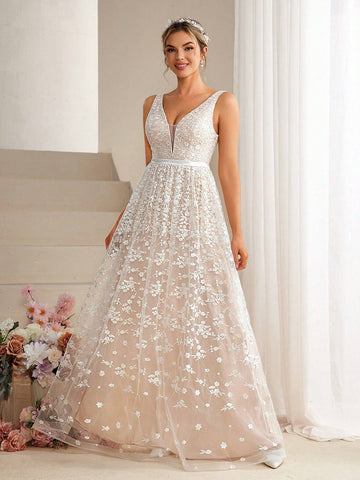V-Neck Lace Floral Embroidery Dress
