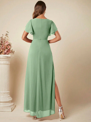 V-Neck Lace Trimmed Puffed Sleeve Ruched High Slit Bridesmaid Dress