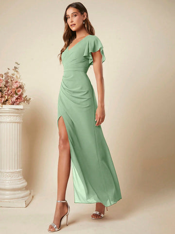 V-Neck Lace Trimmed Puffed Sleeve Ruched High Slit Bridesmaid Dress