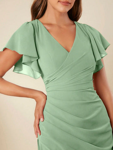 V-Neck Lace Trimmed Puffed Sleeve Ruched High Slit Bridesmaid Dress