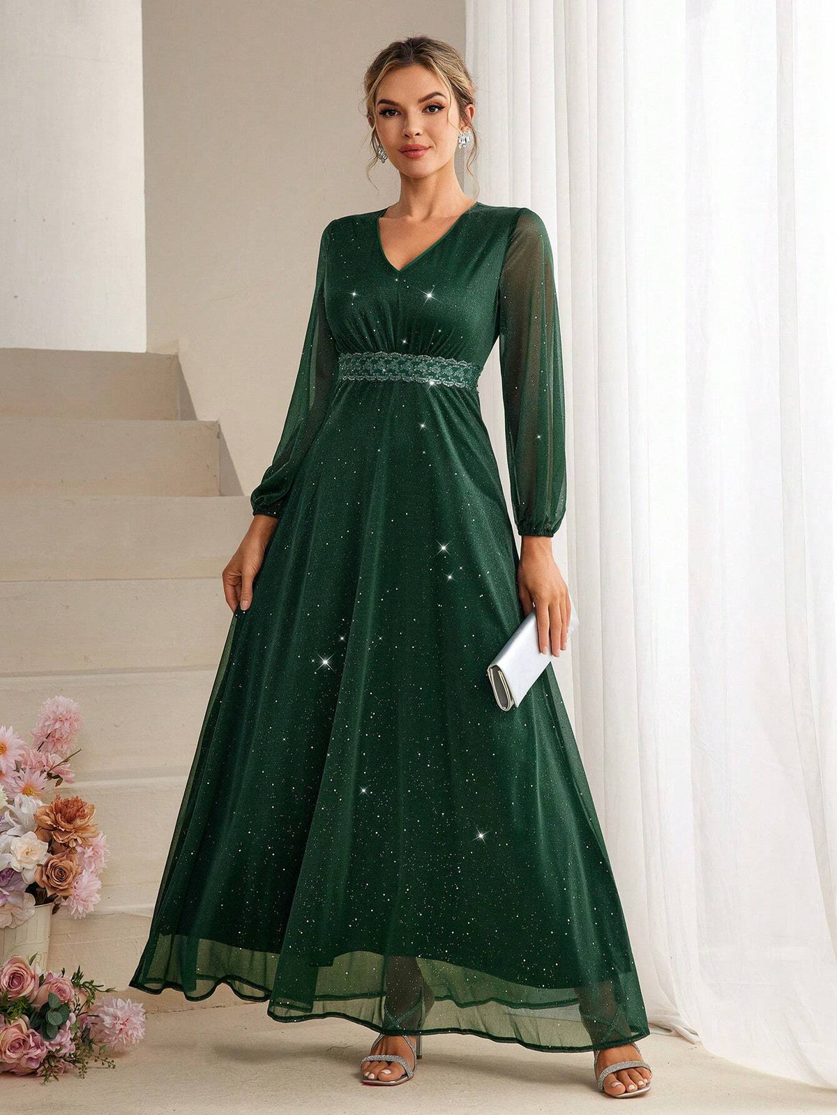 V-Neck Mesh & Lace Spliced Lantern Sleeve Bridesmaid Dress