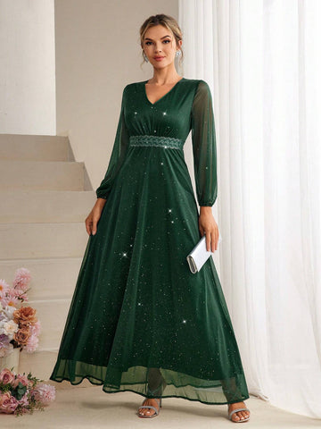 V-Neck Mesh & Lace Spliced Lantern Sleeve Bridesmaid Dress