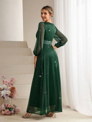 V-Neck Mesh & Lace Spliced Lantern Sleeve Bridesmaid Dress