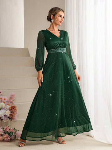 V-Neck Mesh & Lace Spliced Lantern Sleeve Bridesmaid Dress