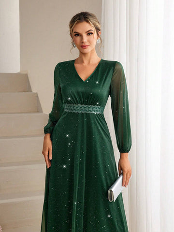 V-Neck Mesh & Lace Spliced Lantern Sleeve Bridesmaid Dress