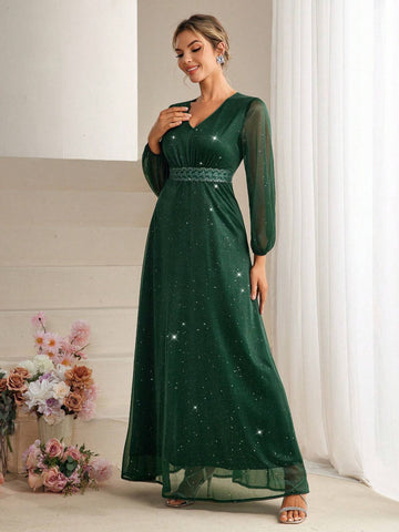 V-Neck Mesh & Lace Spliced Lantern Sleeve Bridesmaid Dress