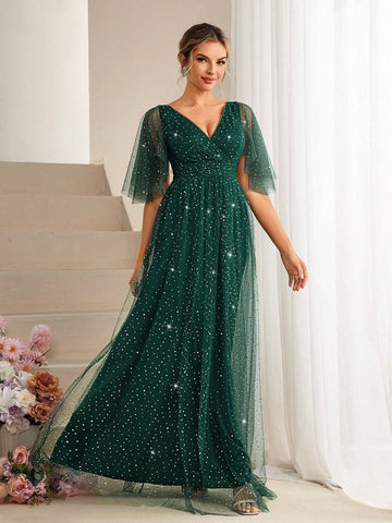 V-Neck Sequined Tulle Bridesmaid Dress With Empire Waist