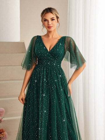 V-Neck Sequined Tulle Bridesmaid Dress With Empire Waist