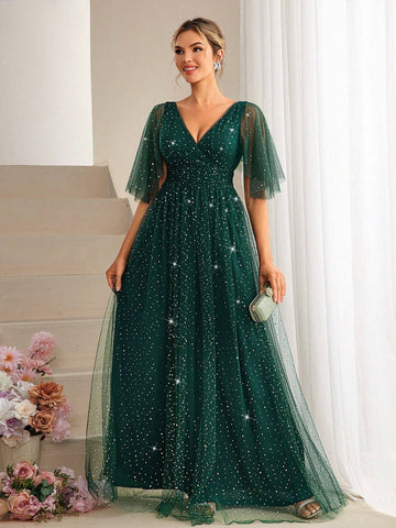 V-Neck Sequined Tulle Bridesmaid Dress With Empire Waist