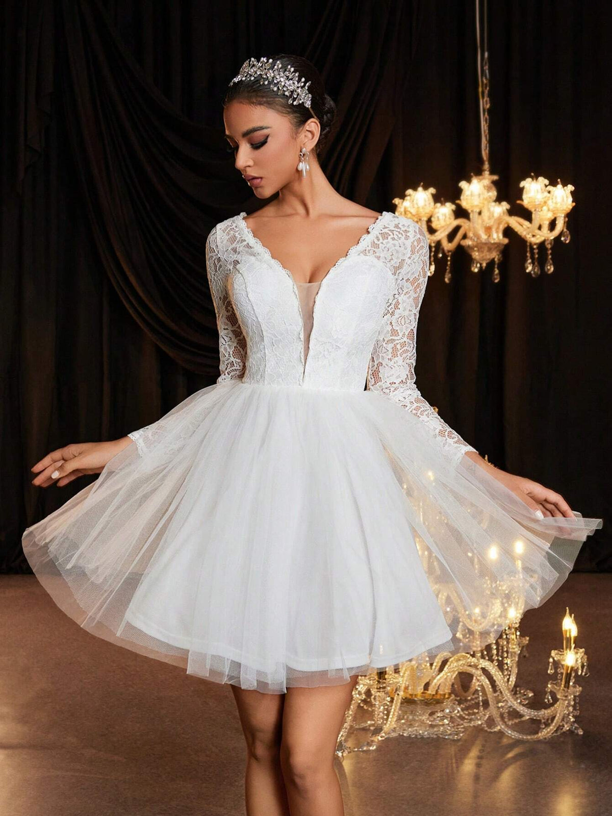 V-Neck Sheer Floral Lace Long Sleeve Elastic Backless Tie-Up Dress, Elegant Luxury Suitable For Wedding, Bachelorette Party, Honeymoon, Gift For Bride