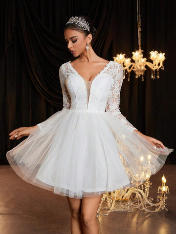 V-Neck Sheer Floral Lace Long Sleeve Elastic Backless Tie-Up Dress, Elegant Luxury Suitable For Wedding, Bachelorette Party, Honeymoon, Gift For Bride