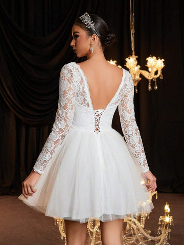 V-Neck Sheer Floral Lace Long Sleeve Elastic Backless Tie-Up Dress, Elegant Luxury Suitable For Wedding, Bachelorette Party, Honeymoon, Gift For Bride