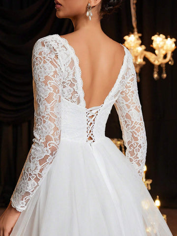 V-Neck Sheer Floral Lace Long Sleeve Elastic Backless Tie-Up Dress, Elegant Luxury Suitable For Wedding, Bachelorette Party, Honeymoon, Gift For Bride