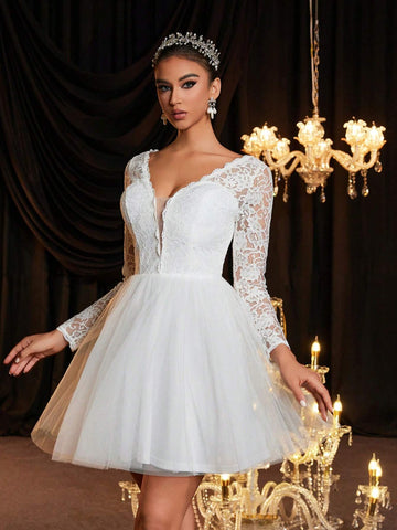 V-Neck Sheer Floral Lace Long Sleeve Elastic Backless Tie-Up Dress, Elegant Luxury Suitable For Wedding, Bachelorette Party, Honeymoon, Gift For Bride