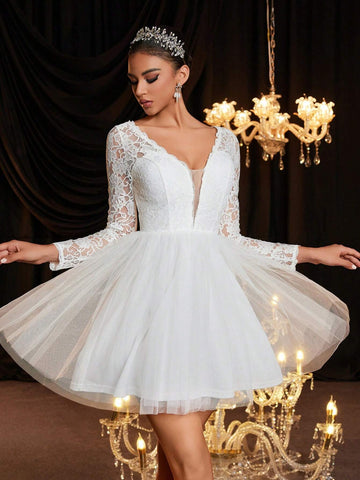 V-Neck Sheer Floral Lace Long Sleeve Elastic Backless Tie-Up Dress, Elegant Luxury Suitable For Wedding, Bachelorette Party, Honeymoon, Gift For Bride