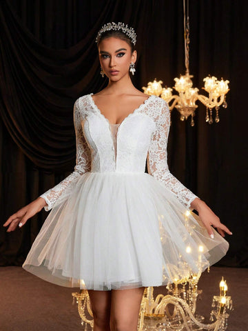 V-Neck Sheer Floral Lace Long Sleeve Elastic Backless Tie-Up Dress, Elegant Luxury Suitable For Wedding, Bachelorette Party, Honeymoon, Gift For Bride