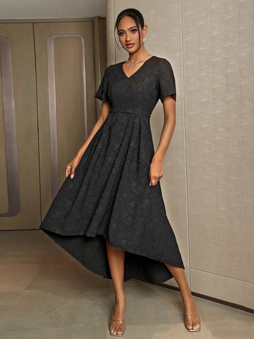 V-Neck Short Sleeve Embroidered High-Low Bridesmaid Dress